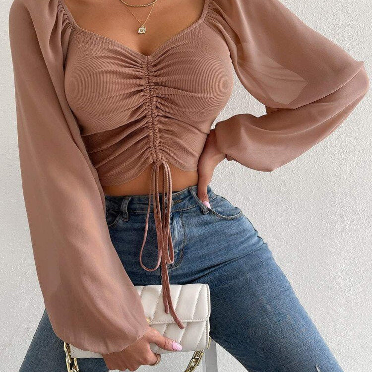 Sexy V-neck Women Blouses Drawstring Long Sleeve Crop Tops Ladies Fashion Summer Short Shirt Woman Clothes Blusas Camisas Mujer coffee