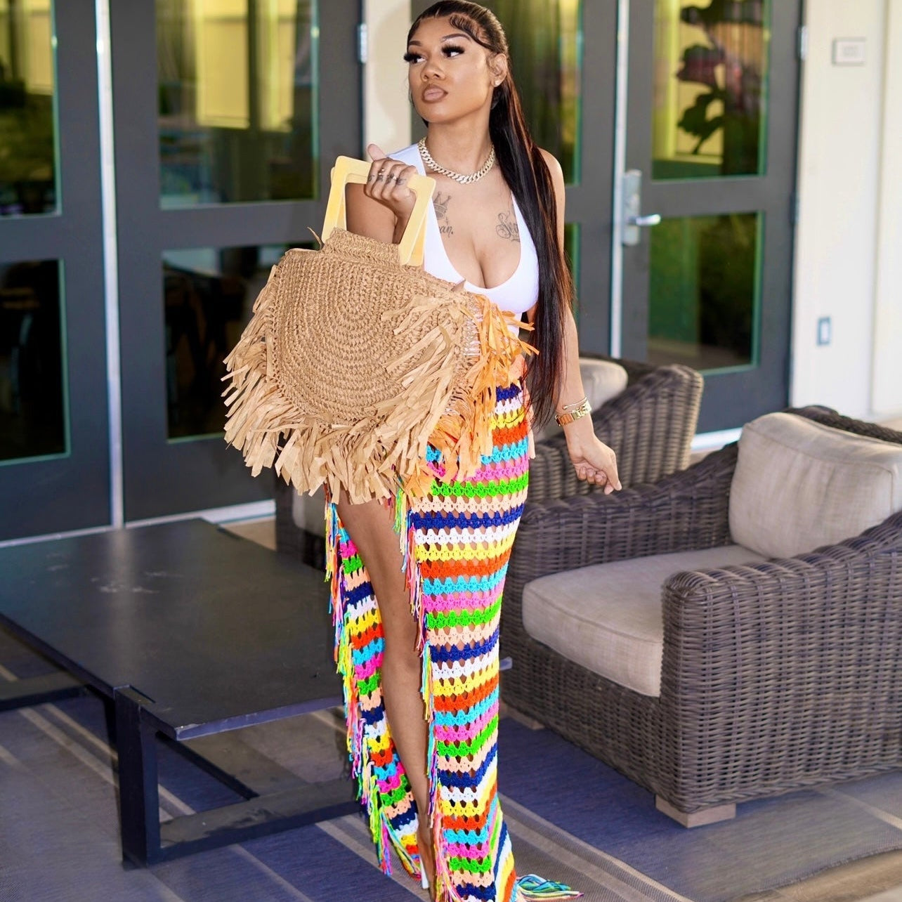 Womens Crochet Beach Cover Up Skirts Sexy High Side Slit Tassel Hem Rainbow Striped Long Maxi Skirt 2023 Summer Vecation Dress