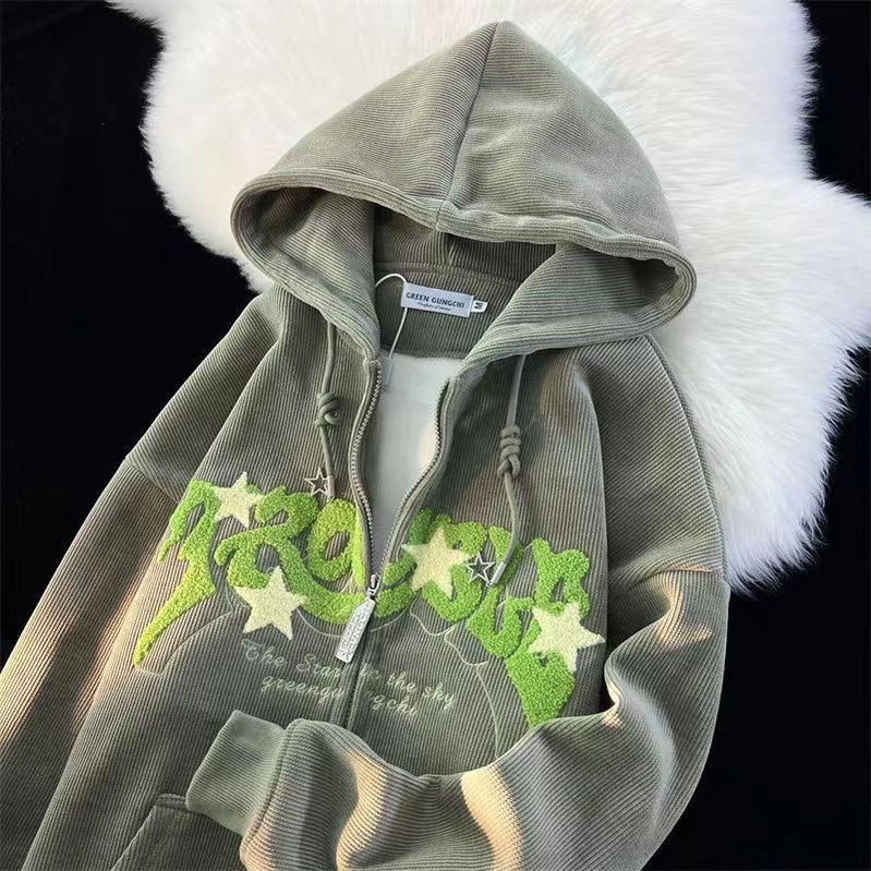 Women Letter Embroidered Hoodies Autumn Winter Vintage Zip Up Loose Hooded Sweatshirts Harajuku Y2K Long Sleeve Jacket Clothes Green