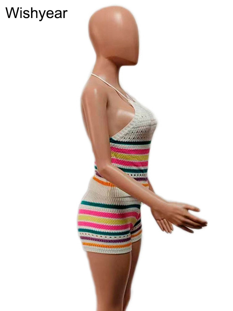 Wishyear Sexy Backless Halter Crop Top and Shorts Suit Two Piece Sets for Women Tracksuit Knitted Crochet Co Ord Summer Outfits