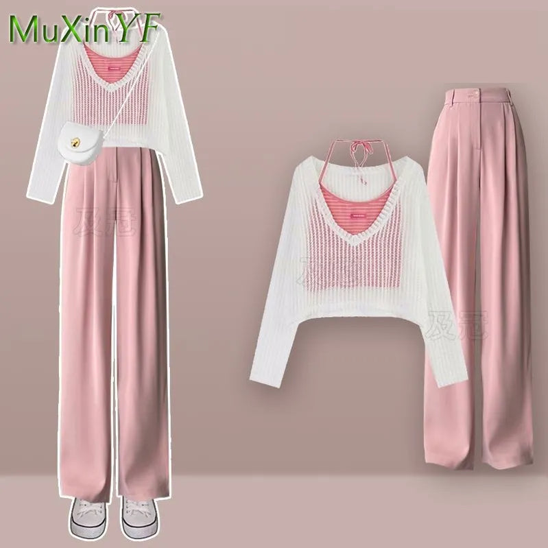 Women's Summer Fashion Hollow Out Shirt+Suspender+Wide Leg Pants Three Piece New in Matching Set Korean Elegant Tracksuit