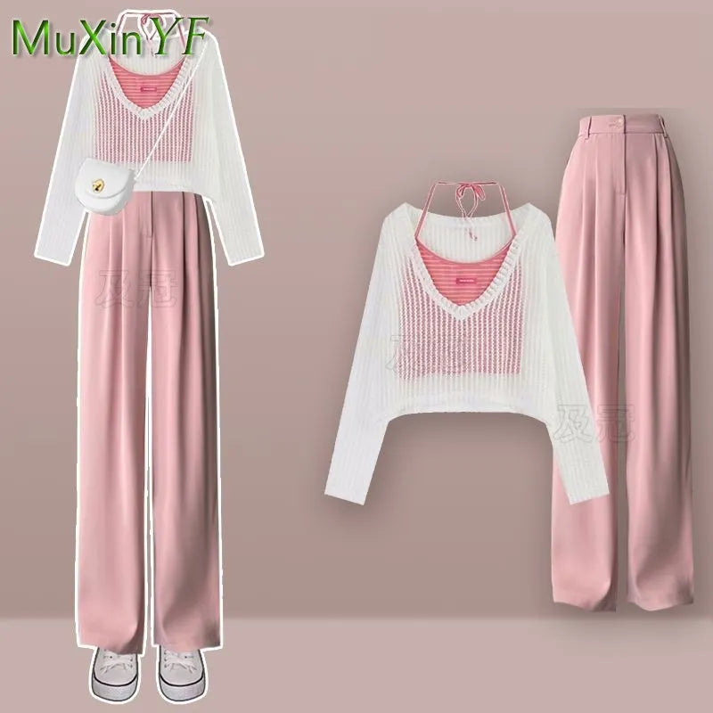 Women's Summer Fashion Hollow Out Shirt+Suspender+Wide Leg Pants Three Piece New in Matching Set Korean Elegant Tracksuit