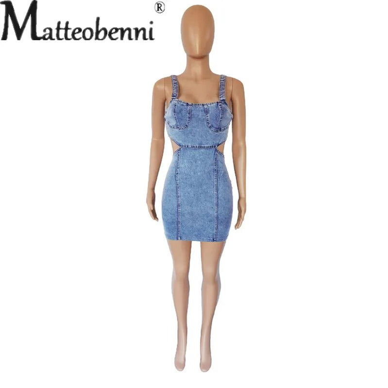 Sexy Backless Hollow Out Suspenders Denim Dress Female Fashion Casual Party Trend Streetwear Women Sleeveless Dressy Short Gown Light Blue