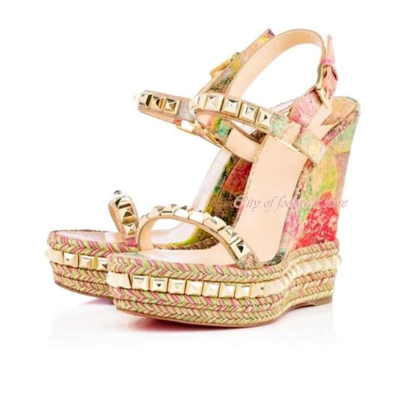 Women's Open Toe Platform Stud Espadrille Wedges Sandals Ankle Strap High Heeled Pump Luxury Designer Summer Beach Shoes Red