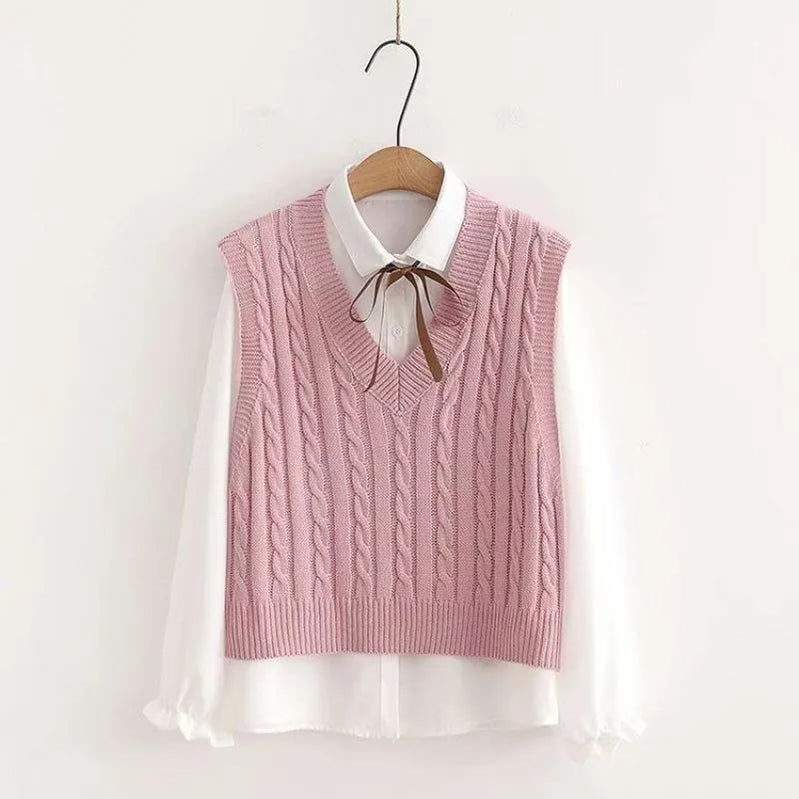 Women's Korean Preppy Style Student 3 Piece Clothing Set Spring Fall Girls Casual Bow Shirt Knit Vest Denim Pants Outfits Pink Tops Set