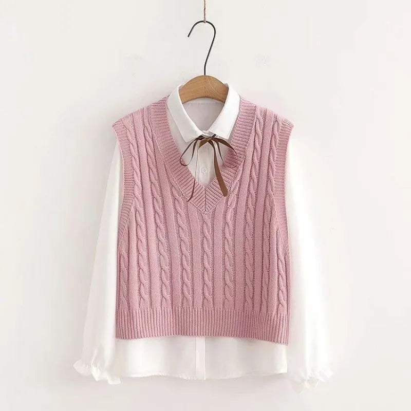 Women's Korean Preppy Style Student 3 Piece Clothing Set Spring Fall Girls Casual Bow Shirt Knit Vest Denim Pants Outfits Pink Tops Set