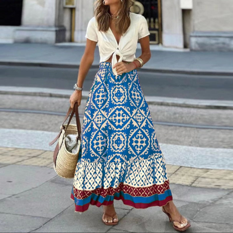 Women's Fashion Skirt 2023 Summer New Commute Geometric Pattern Printing Ruffle Sleeve Loose Stitching Large Swing Women’s Skirt Blue