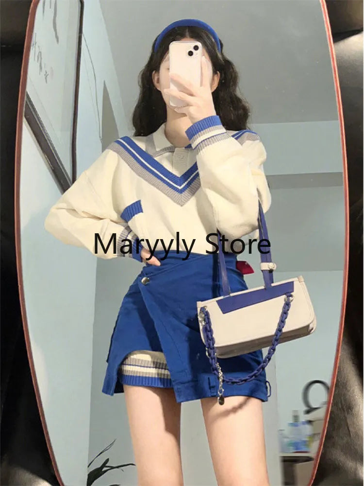 Autumn Fashion Suits Chic Japanese Long Sleeve Y2k Two Piece Dress Set Female Casual Blouse + Blue High Waist Mini Skirts