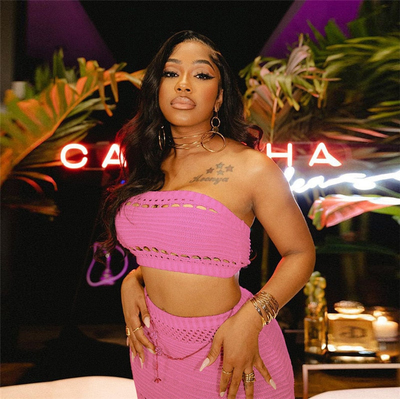 Europe station new 2023 Amazon summer European and American Women's knitted tube top slim sexy long skirt suit