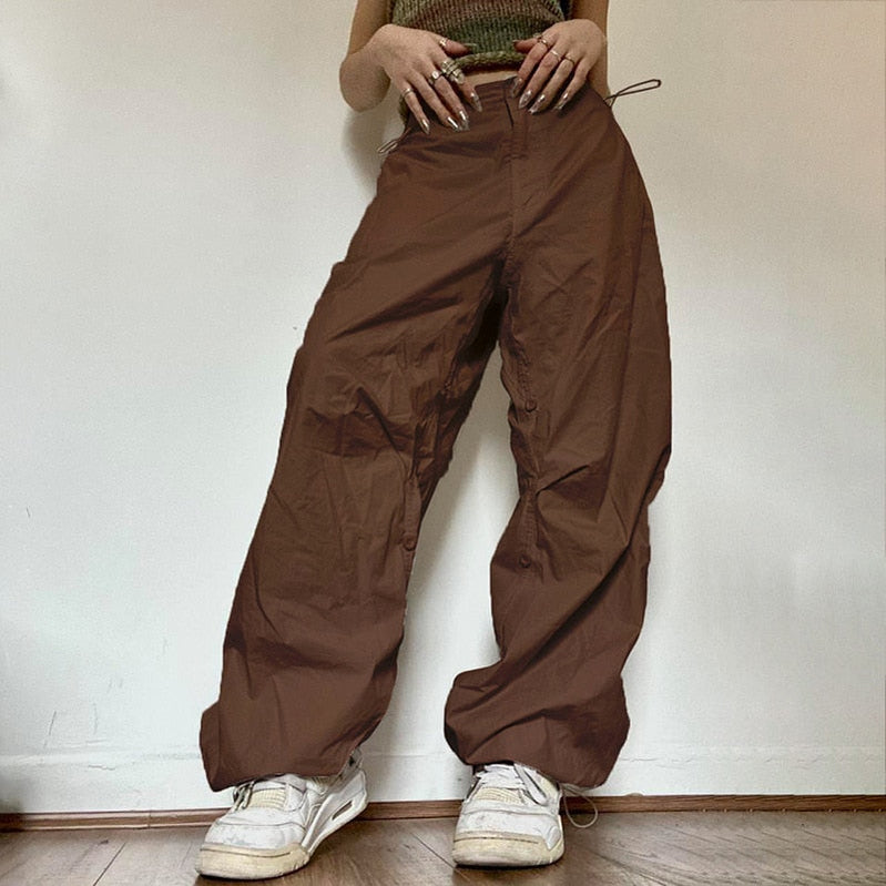 Women Casual Joggers Tech Pants Vintage Solid Low Waist Drawstring Baggy Trousers Y2K Wide Leg Sweatpants Streetwear Cargo Pants Brown