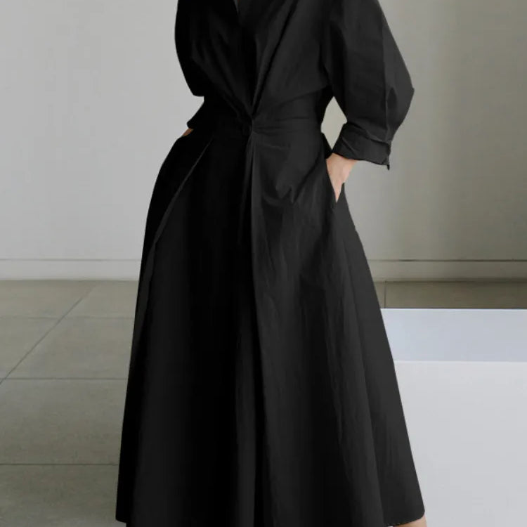 S-5XL Korean Fashion Long Sleeve Shirt Dress Chic Turndown Neck Ruched Maxi Dress Women Autumn Winter Clothes Streetwear black