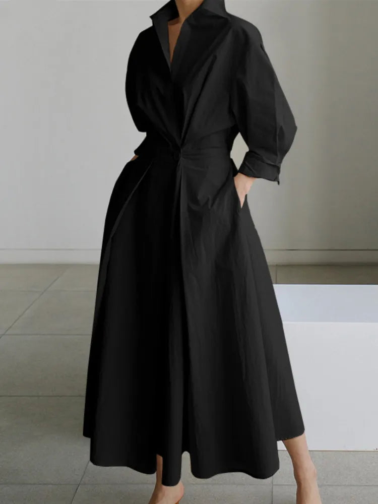 S-5XL Korean Fashion Long Sleeve Shirt Dress Chic Turndown Neck Ruched Maxi Dress Women Autumn Winter Clothes Streetwear black