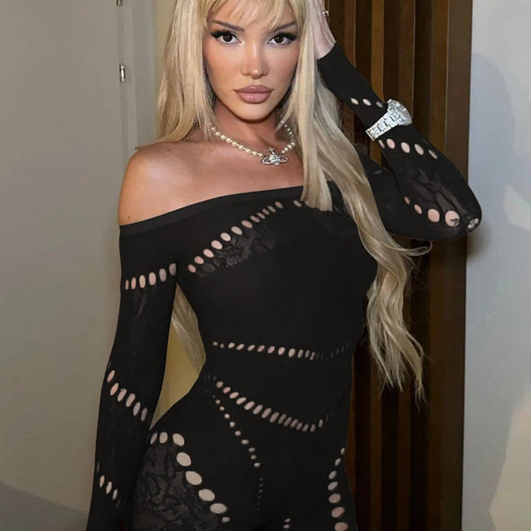Sisterlinda Sexy Hollow See Through Romper Women Long Sleeve One Shoulder Skinny One Piece Playsuit Female Workout Overalls