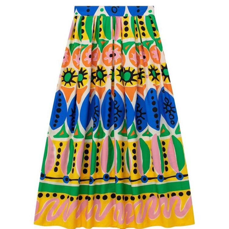 KJMYYX 2023 Fashion Summer Print Skirt Sets For Women Female Causal Halter Sleeveless Camisole Tops A-Line Mid-Calf Skirt