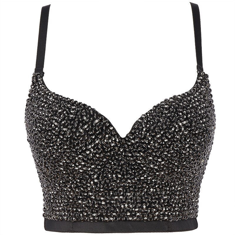 Irene Tinnie Hand-made Pearls Jewel Diamond Bralet Women's Bustier Bra Wedding Party Corset Cropped Top Vest Plus Size Gray