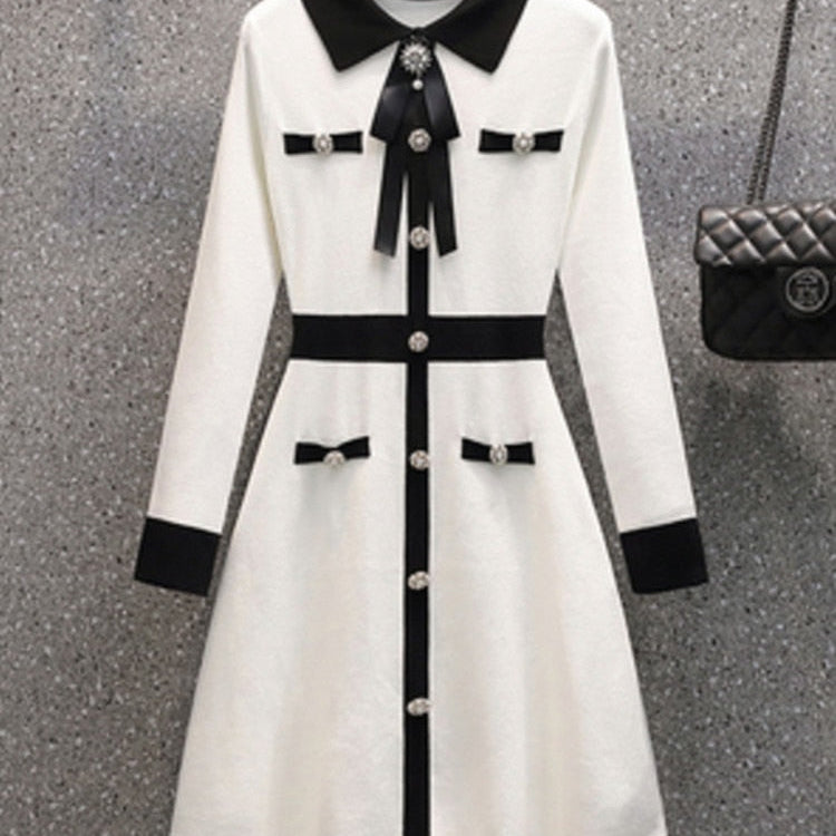 Small Fragrance Fall Winter Knitted Sweater Dress Women Bow Tie Buttons Vintage Party Mini Dress Elegant Casual Chic Robe Femme