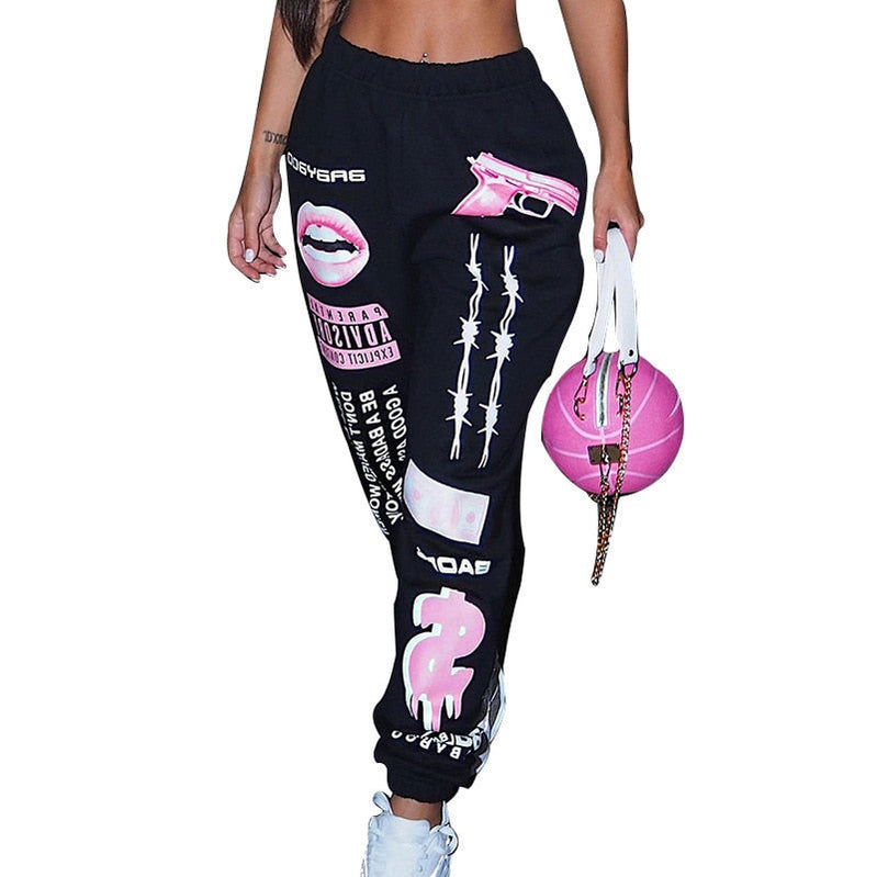 Women Fashion Elastic Waist Sports Casual Harem Pants Femme Joggers Trouser Printed Sweatpants Black
