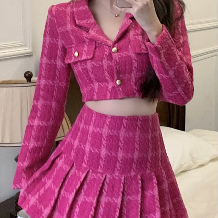Fall Small Fragrance Vintage Tweed Two Piece Set Women Crop Top Woolen Short Jacket Coat + Mini Skirts Sets Sweet 2 Piece Suits