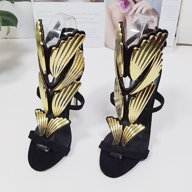 Sculpted Golden Wings Heels Sandals Ankle Strap Stiletto Heel Pointed Toe Shoes Women Casual Hollow Gladiator Sandals