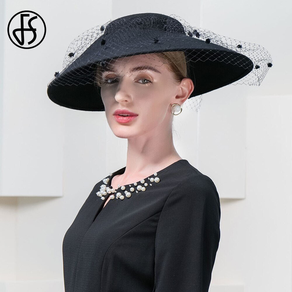 FS Elegant Church Kentucky Cap Ladies Luxury Wide Brim Black Wool Hats Fascinators For Women Cocktail Party Dress Fedoras