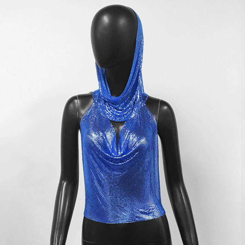 Women Metal Sequins Tank Top With Turban 2 Piece Sexy V Neck Backless Suspender Top Rave Festival Party Nightclub Camisole Royal Blue One Size