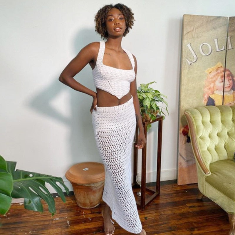 Two Piece Sets Summer Crop Top Maxi Skirt 2pcs Set Women High Street Elegant Party Outfit Sexy Knit Backless Tops Bodycon Skirt Ivory Spain