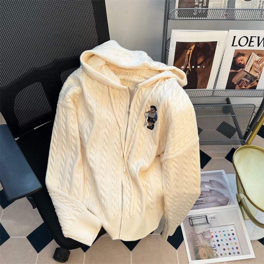 Vintage Hooded Loose Knitted Cardigan Long Sleeve Zipper Tops Retro Women Spring Fall Sweater Casual New Knitwears Gilet off white