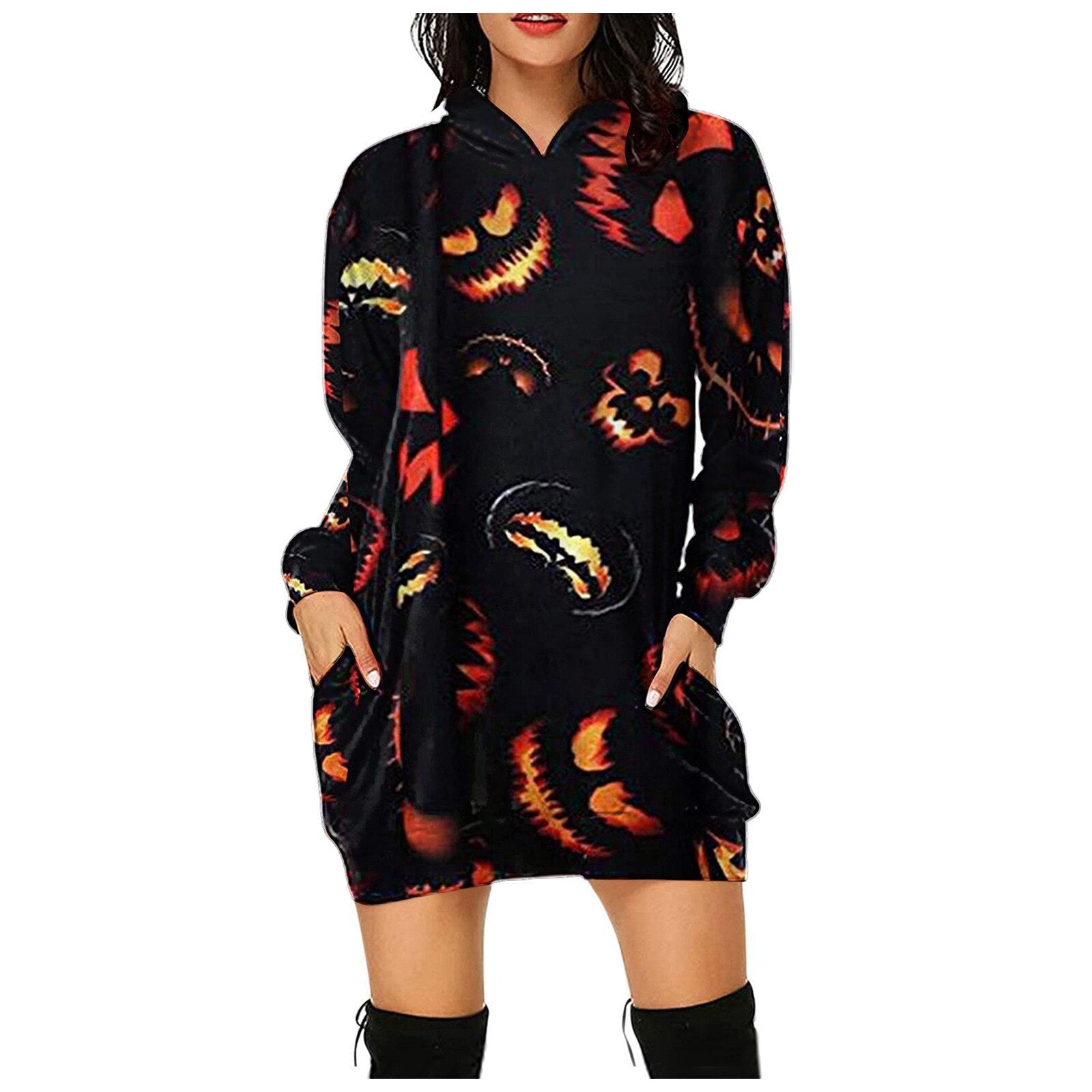 Women's Halloween Pumpkin Printed Sweater Hooded Long Sleeve Dress Sweatshirt Female Women Autumn Spring Casual Hoodies Clothes P09
