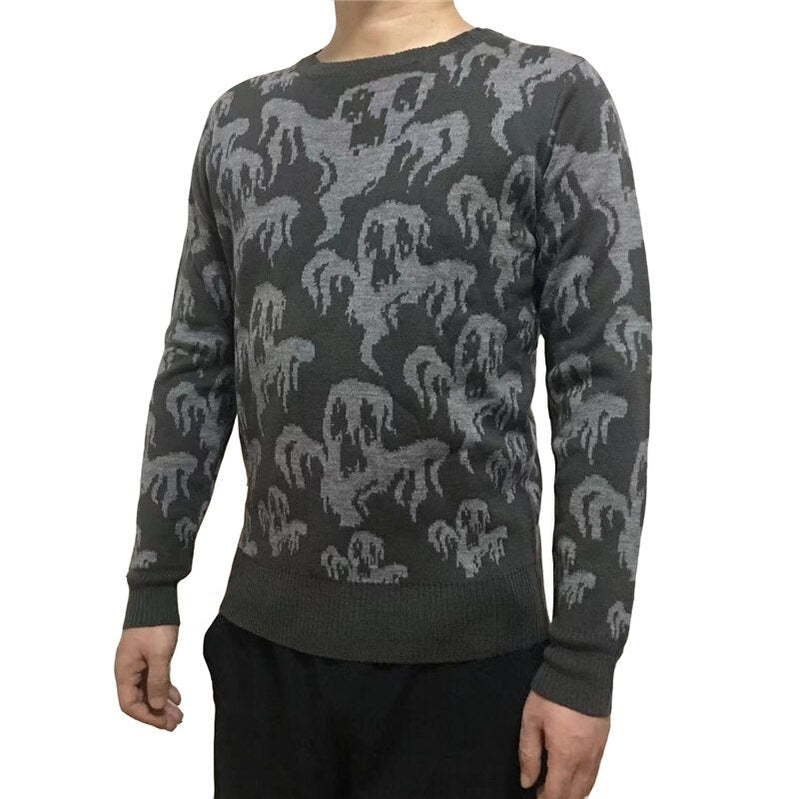 Halloween Adult Unisex Men and Women Crew Neck Cute Vintage Knit Ghost Pattern Ugly Halloween Sweater