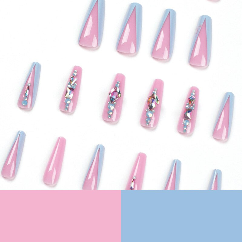 Glossy Pink Wearable Nail Art Blue Rhinestone Extra Long Ballet Detachable Finished False Nails Press on Nails with Glue