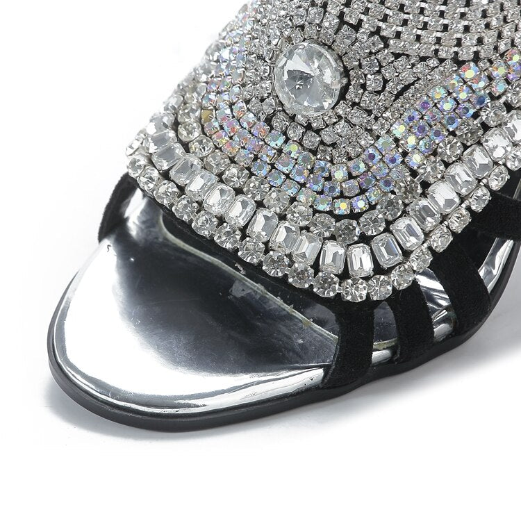 Summer Fashion Sandals Bling Rhinestone High Heels Diamond Chunky Heel Thin Strap Zip Open Toe Boots Designer Shoes Party Prom