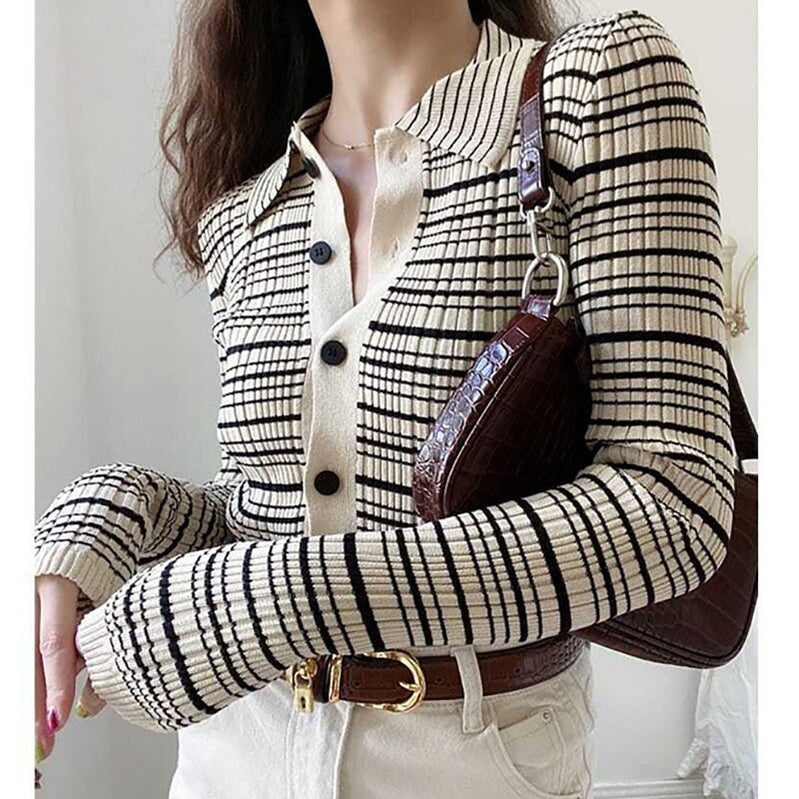 HELIAR Women Polo Collar Single Breasted Cardigan Sweater Striped Long Sleeve Jumpers Knit Office Sweater For Women Fall Winter