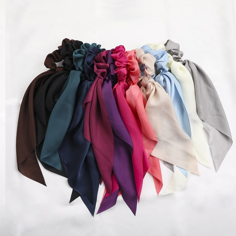 Fashion Print Chiffon Long Ribbon Scrunchies Women Girls Ponytail Scarf Elastic Hair Bands Ties Hair Accessories Wholesale