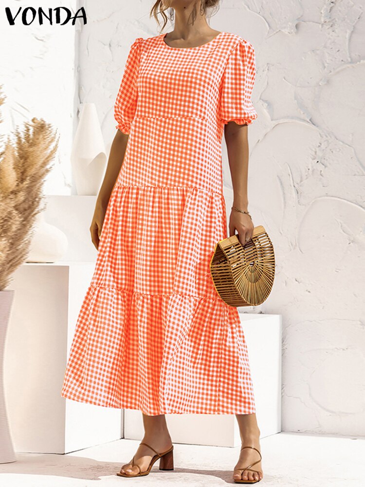 Summer Long Maxi Dress Women Casual Short Sleeve Square Collar Vintage Plaid Party Bohemian Vestidos Loose Sundress B-Orange Spain