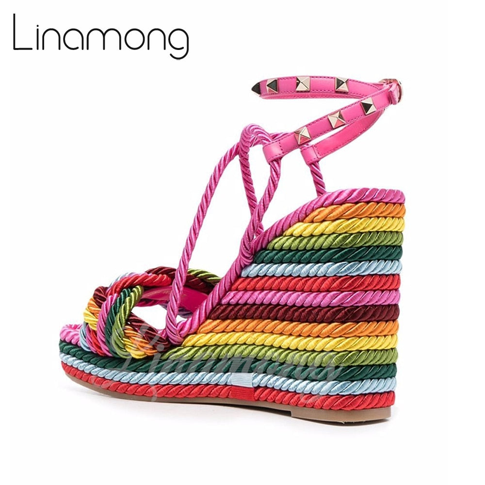 Multicolor Hemp Rope Rivet Espadrilles Strap Platform Wedge Summer Sandals for Women Designer Style Fashion Sandals New Arrival