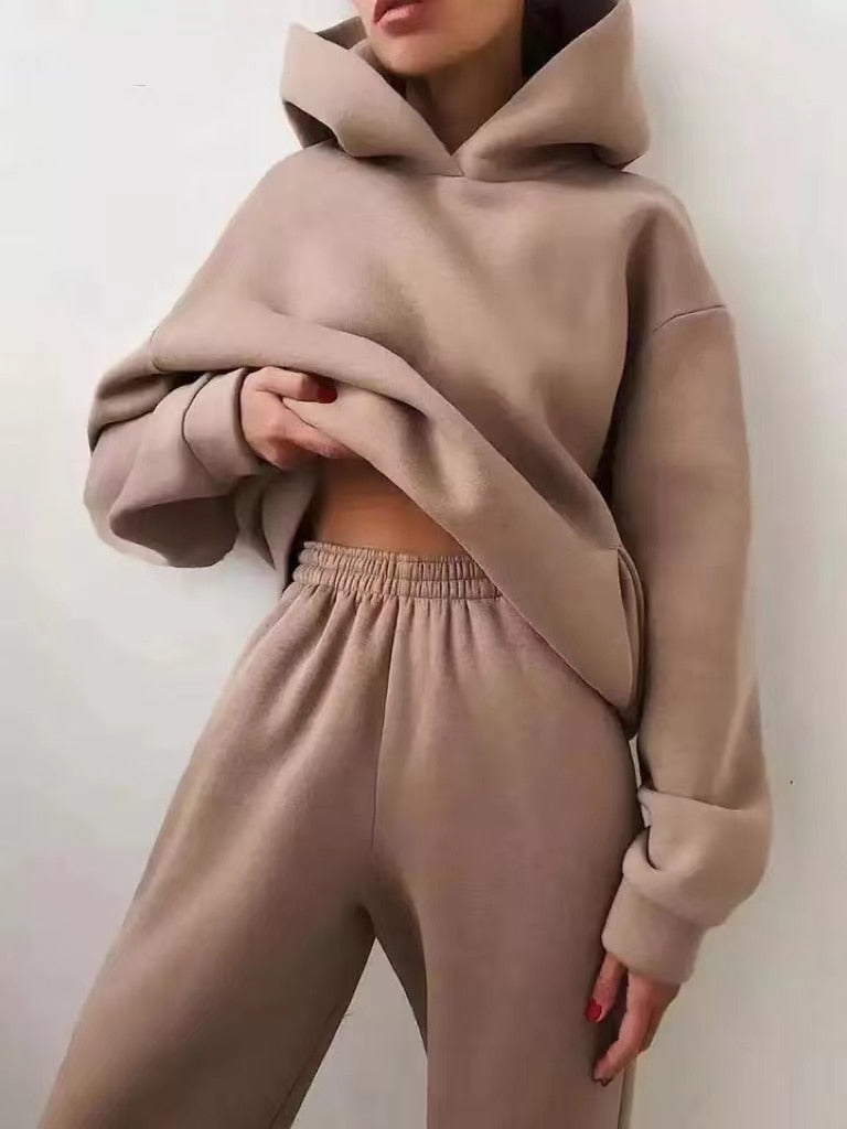 Winter Women Two Piece Sets Tracksuit Autumn Casual Solid Long Sleeve Hoodie Sweatshirts Female Oversized Trouser Pant Suit