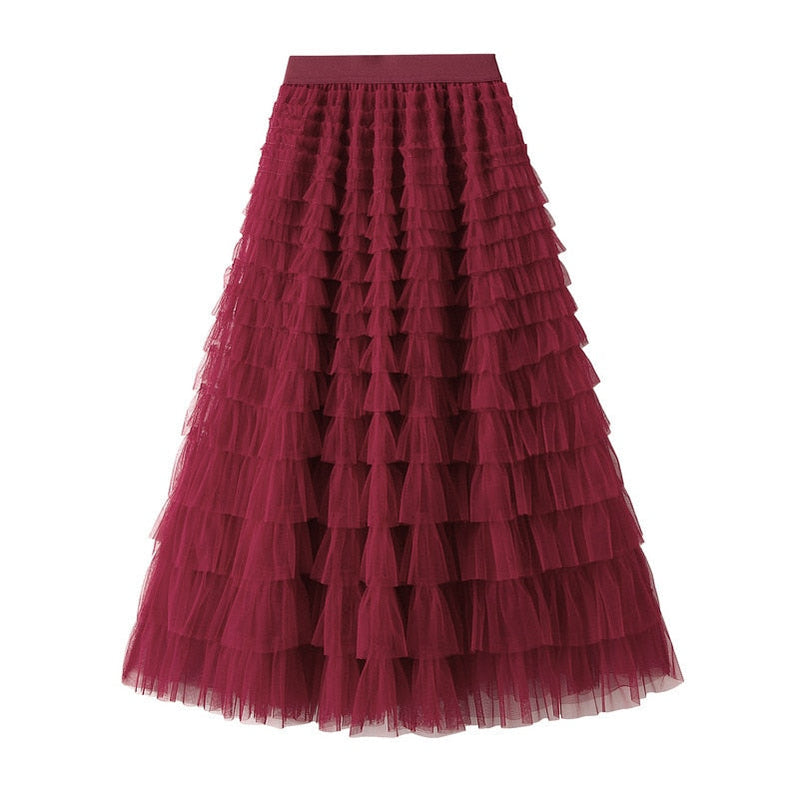 Summer Long Skirt Layered Ruffles Design Elegant Maxi Dress Office Women Commuting Party Attire Autumn Elegant Skirt Long wine red