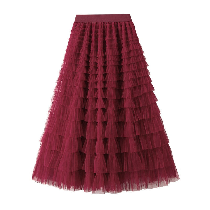 Summer Long Skirt Layered Ruffles Design Elegant Maxi Dress Office Women Commuting Party Attire Autumn Elegant Skirt Long wine red