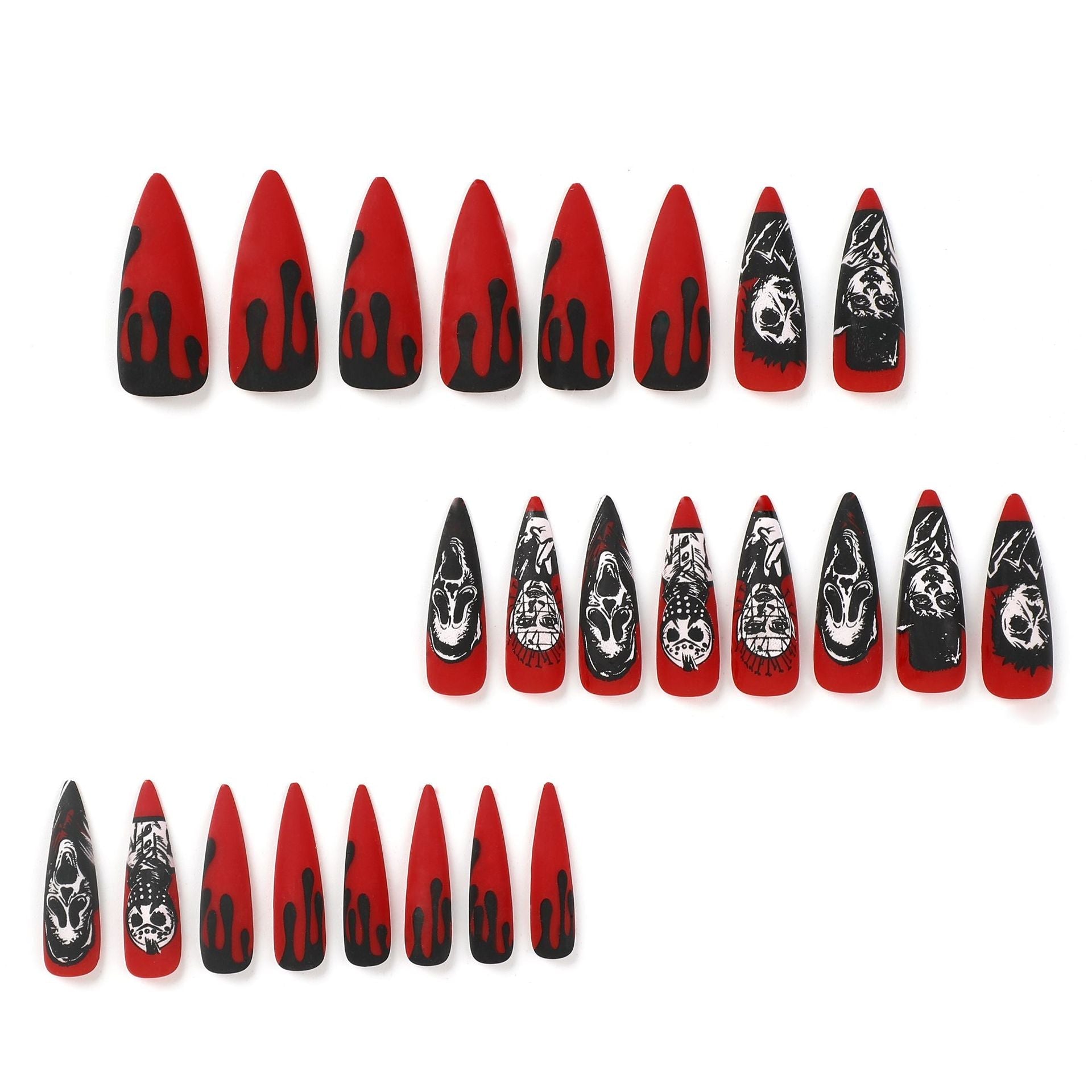 Halloween Nail Art Red and Black Contrast False Nails Kit Skeleton Ghost Face Press On Nail 24pcs Halloween Manicure Full Cover