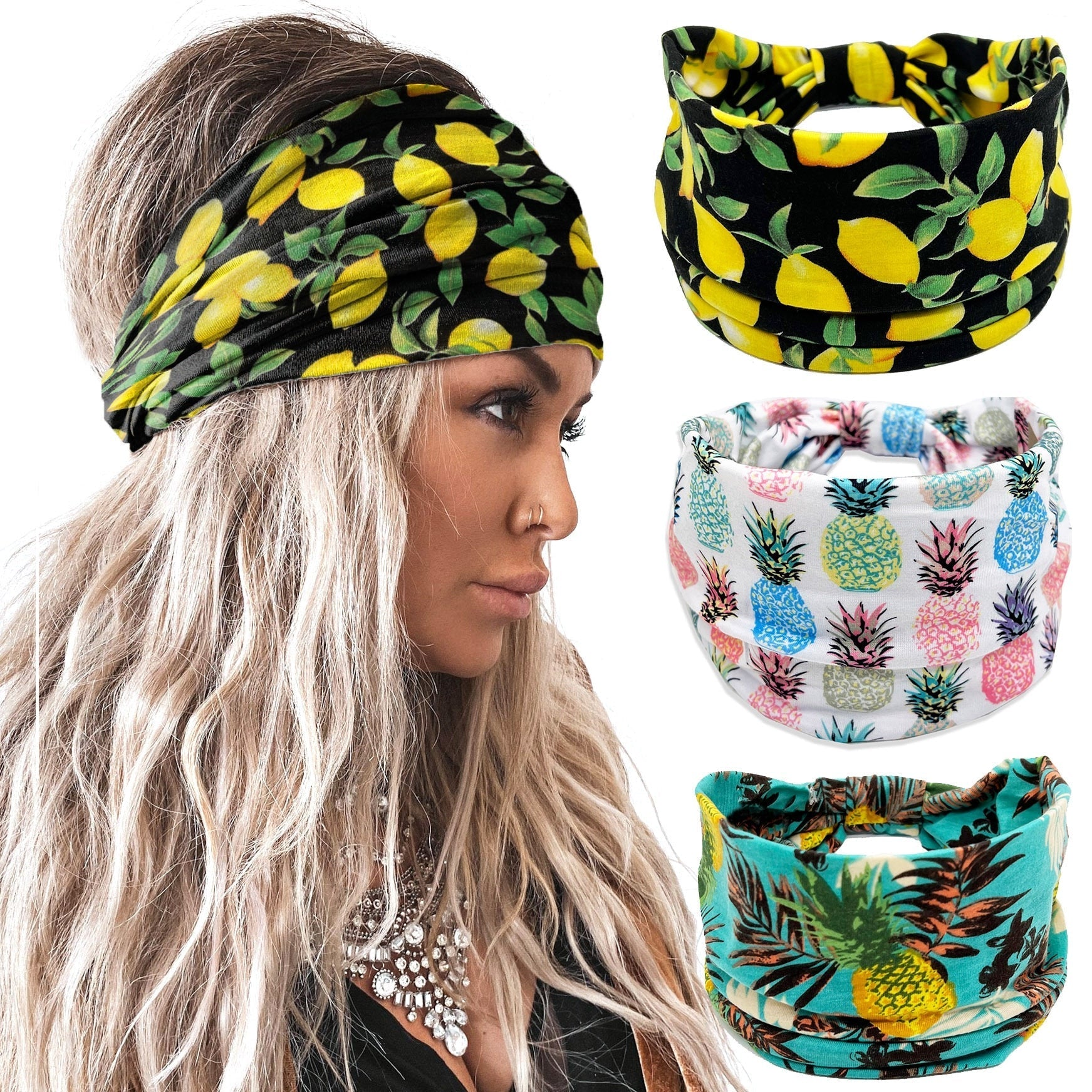 New Fruit Print Wide Headwrap Headbands for Women Boho Knoted Elastic Beach Hair Bands Girls Hair Accessories Turban Bandage