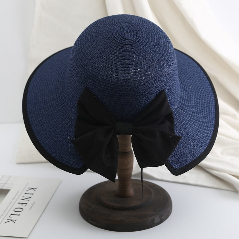 Women's Beach Panama Summer Hat Travel casual bowknot Straw Hat Fashion Beach Holiday ladies sun bucket Hat Navy Blue 56-58 cm
