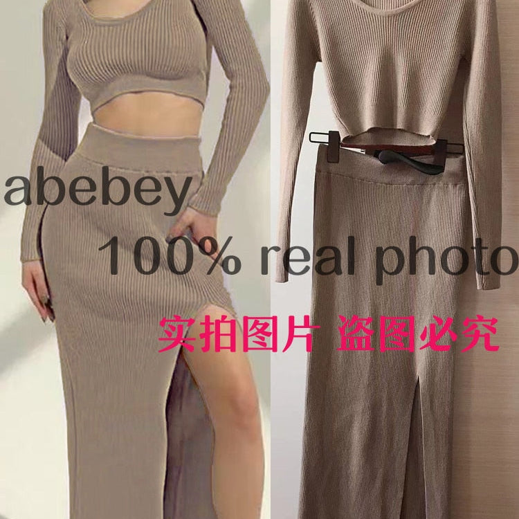 Knitted Winter Women Sexy Sweater Skirt Suit Y2K Fashion Long Sleeve Crop Tops And Long Split Skirt Dress Two Piece Sets tuose