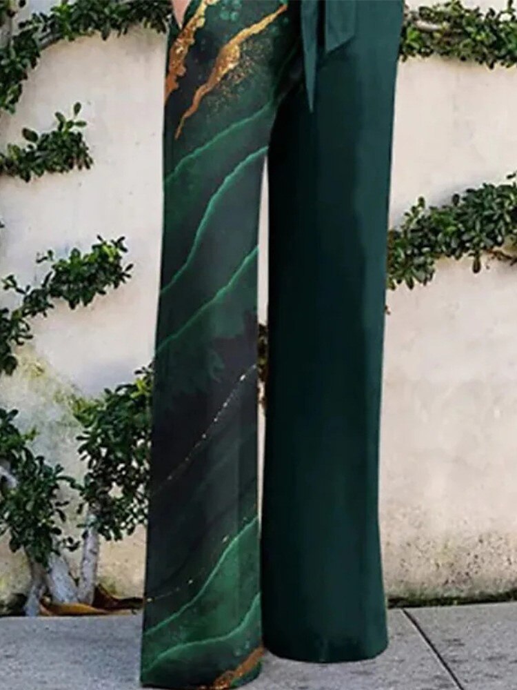 Print Jumpsuit Women Autumn and Spring New Fashion Long Sleeve Lapel Loose Casual Elegance Green Jumpsuits