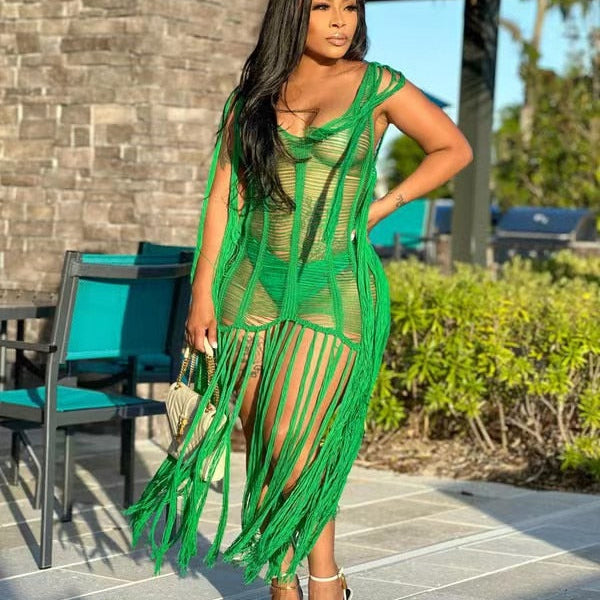Sexy Crochet Knit Rib Tassel Mini Dress for Women Summer 2023 Fashion Sleeveless See Through Club Party Dresses Beach Wear Robe
