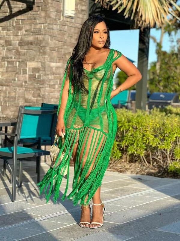 Sexy Crochet Knit Rib Tassel Mini Dress for Women Summer 2023 Fashion Sleeveless See Through Club Party Dresses Beach Wear Robe
