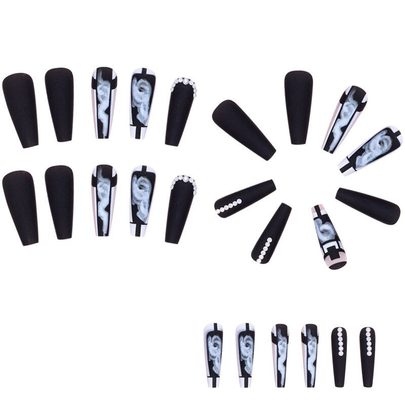 3D long fake nails black marbling Graffiti Aura french coffin tips with diamond faux ongles press on acrylic false nail supplies