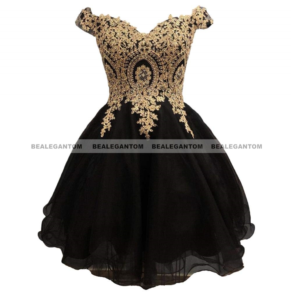 Bealegantom A Line Lace Off Shoulder Short Homecoming Dresse Appliques Crystal Beaded Mini Formal Prom Graudation Party Gowns Black