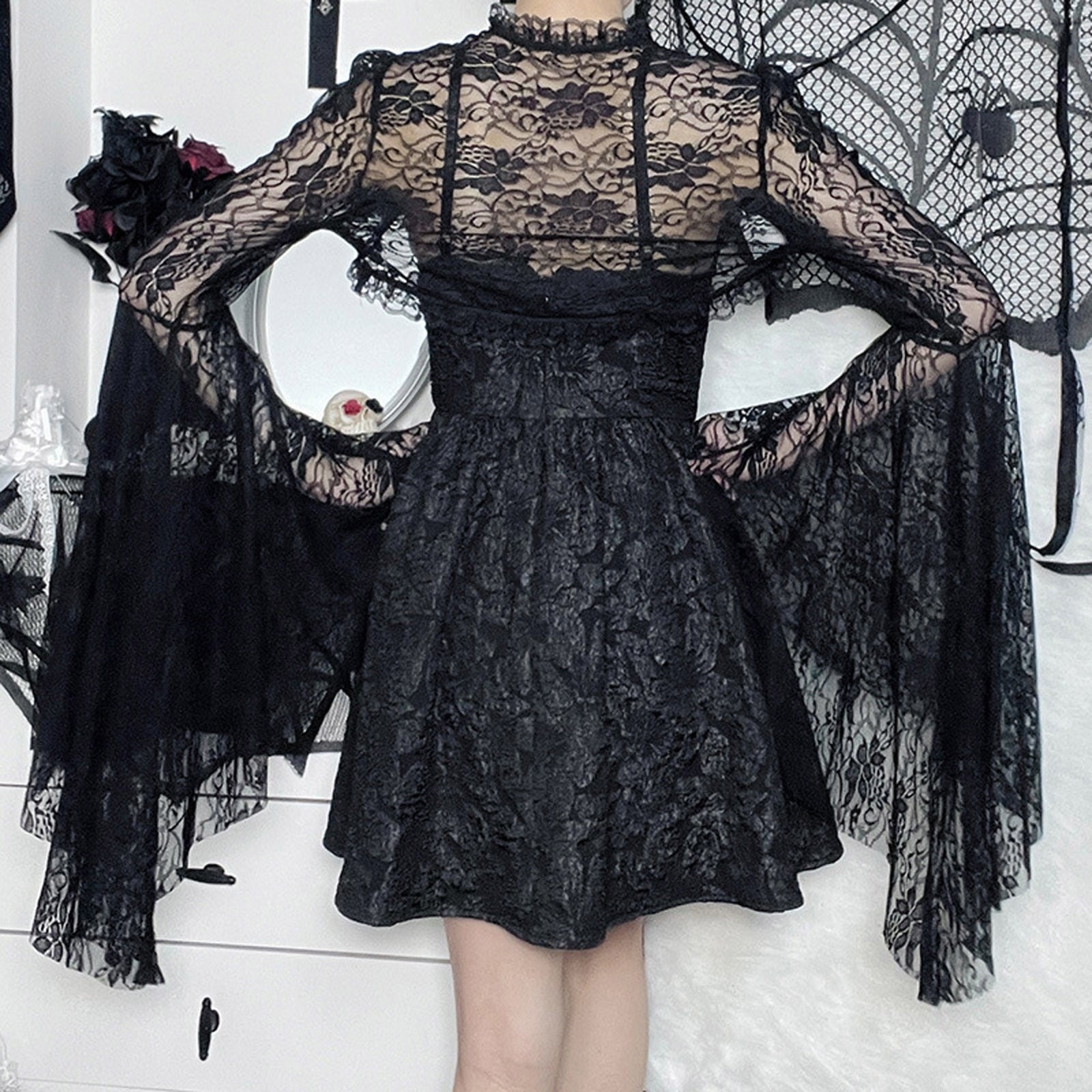 Gothic Black Lace Cardigan Women Halloween Mesh Flare Sleeve See Through Sexy Smock Top Elegant Aesthetic Cropped Tops Y2K
