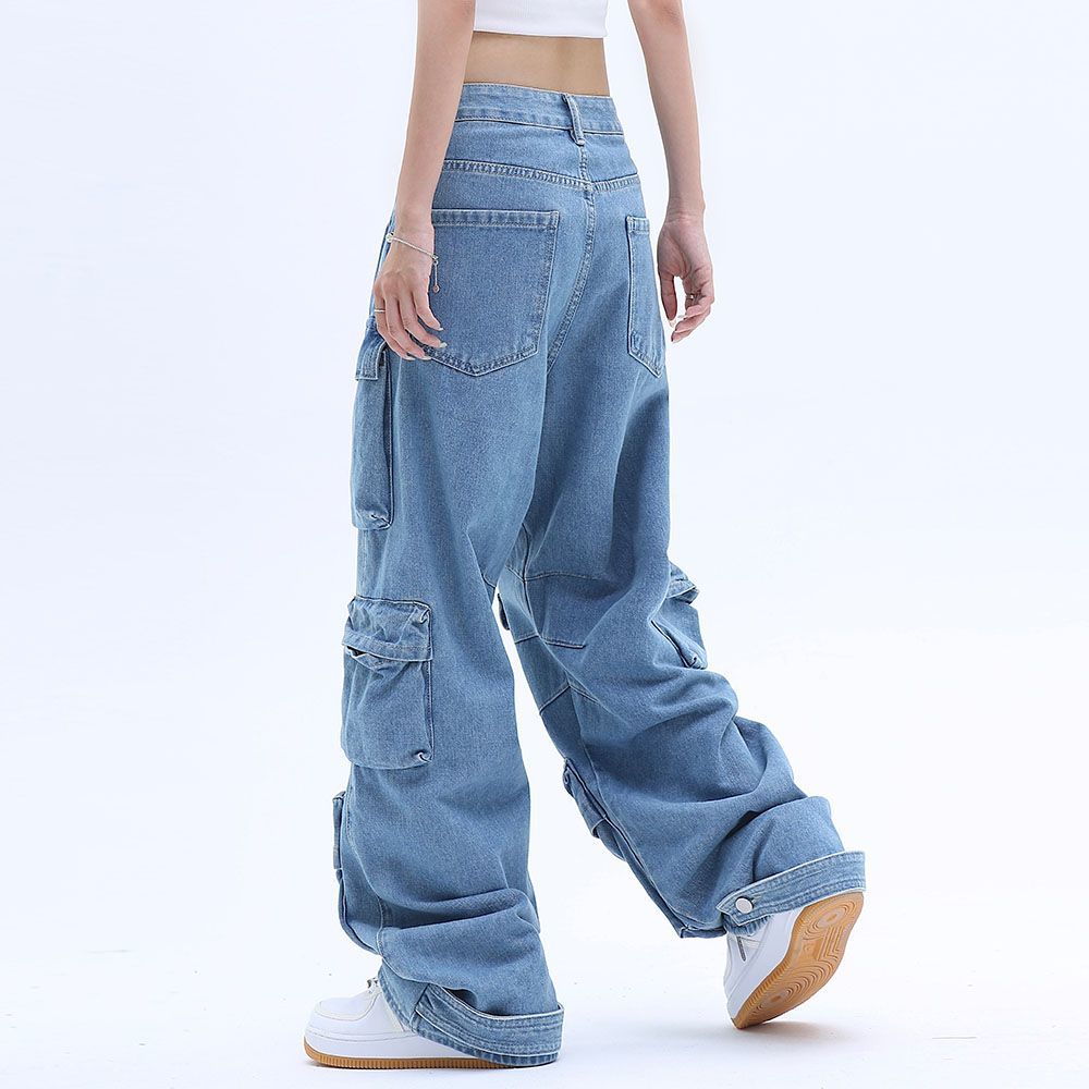 Pocket Solid Color Overalls Jeans Women's Y2K Street Retro Loose Wide-Leg Overalls Couple Casual Joker Mopping Jeans Pants Women