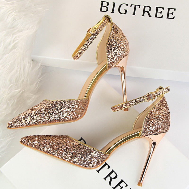 Shoes Sexy High Heels Women Pumps Sparkle Sequins Stiletto Heels 10 Cm Party Shoes Women Heels Summer Women Sandals New 283-1champagne9.5cm